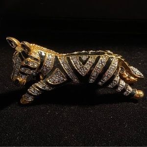 Zebra Shoulder Brooch 3.75” Enamel Rhinestone